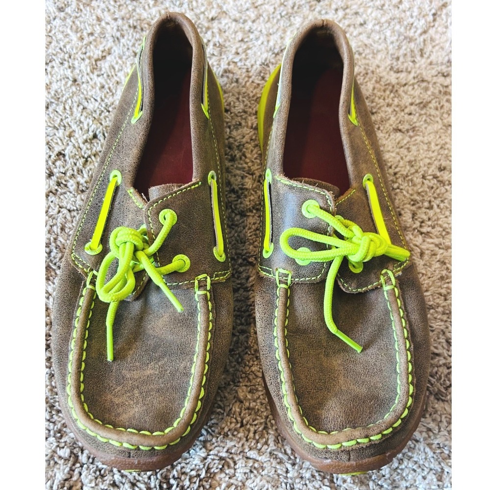 Twisted X Driving Nautical Coastal Moc Brown Leather Neon Green Shoes M0010 8.5M